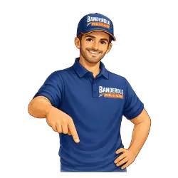 personnage expert donnant un conseil sur le prix d’une banderole publicitaire et le choix du matériau