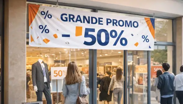 Banderole commerciale promotion magasin avec affichage de réduction en vitrine