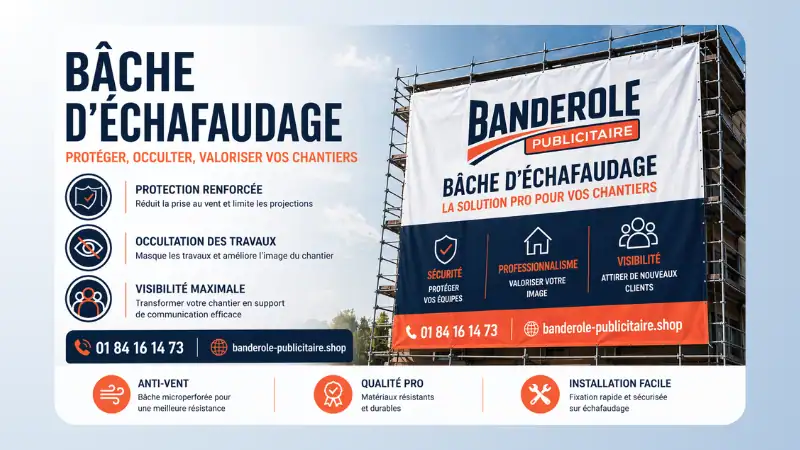 Bâche d’échafaudage publicitaire installée sur chantier avec visibilité et protection anti-vent