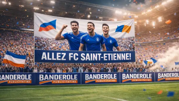Banderole club sportif personnalisée en stade avec supporters, bannière sportive pour association et événement sportif