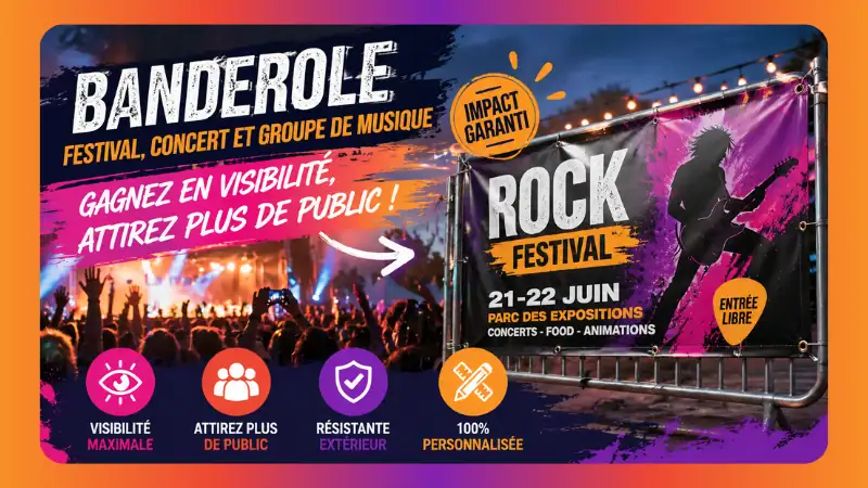 Banderole festival et concert installée sur barrière pour attirer du public lors d’un événement musical extérieur