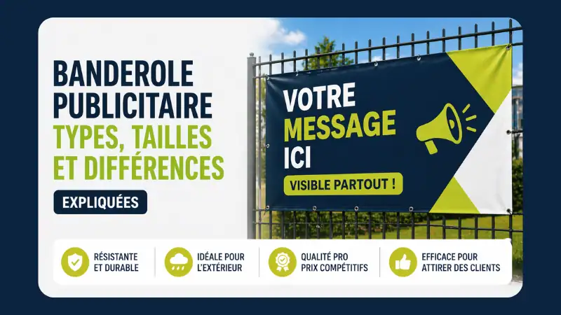 banderole publicitaire avec différents types, tailles et formats comparés à une bâche pour usage extérieur