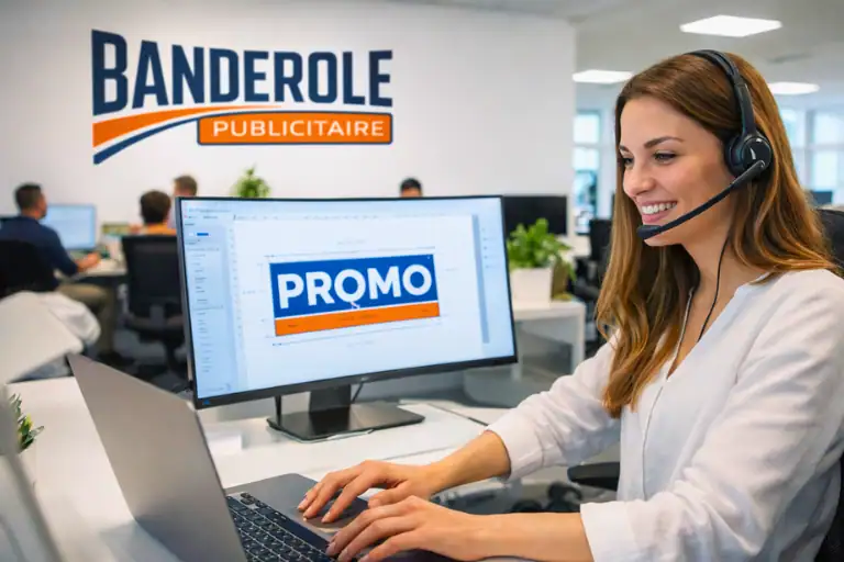 Conseillère service client répondant aux demandes de banderole publicitaire