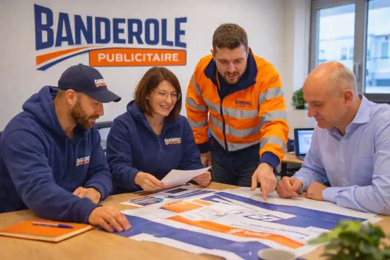 Équipe de techniciens analysant un projet de banderole publicitaire sur mesure