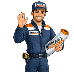 Technicien expert en banderole publicitaire donnant un conseil technique