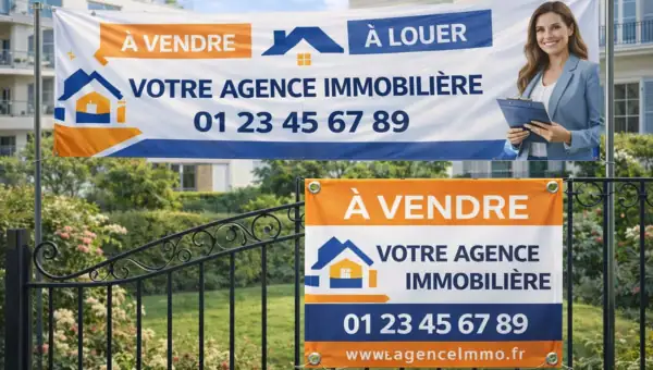 Panneau immobilier à vendre et à louer installé sur portail avec banderole publicitaire pour agence immobilière