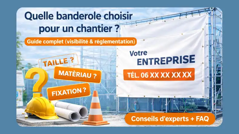 Banderole publicitaire installée sur un chantier avec conseils sur la taille, le matériau et la fixation pour une visibilité optimale