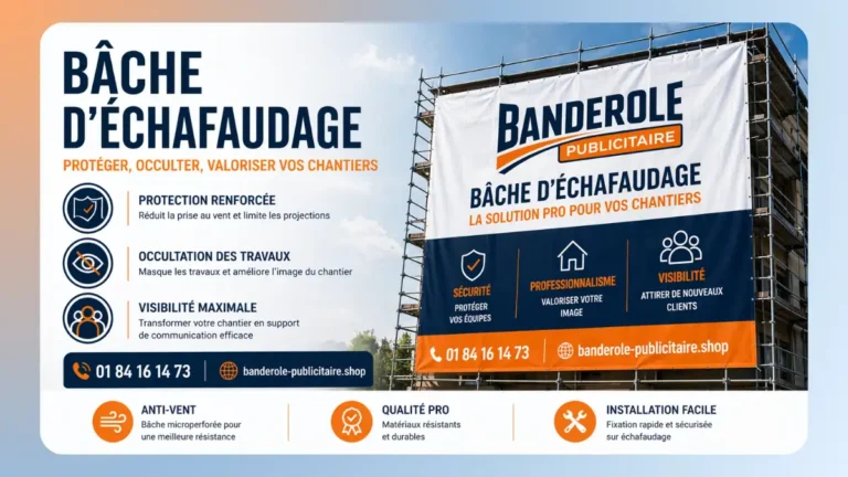 Bâche échafaudage chantier microperforée installée pour protection et visibilité publicitaire