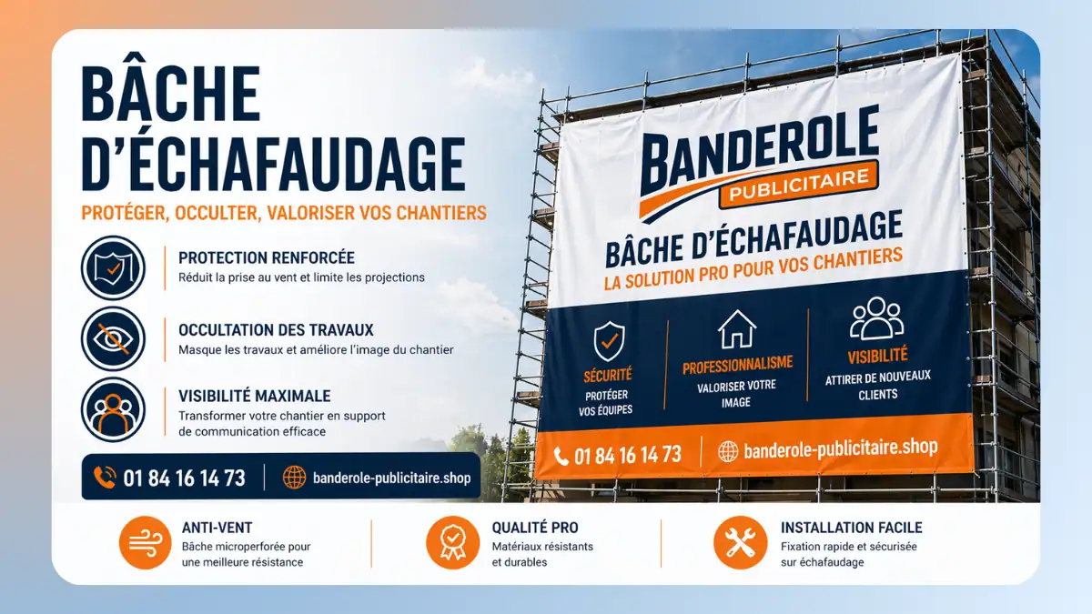 Bâche échafaudage chantier microperforée installée pour protection et visibilité publicitaire