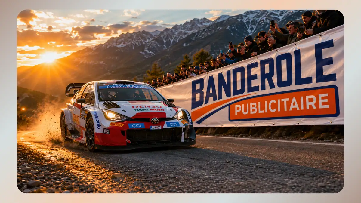 Banderole course automobile sponsor installée en bord de rallye