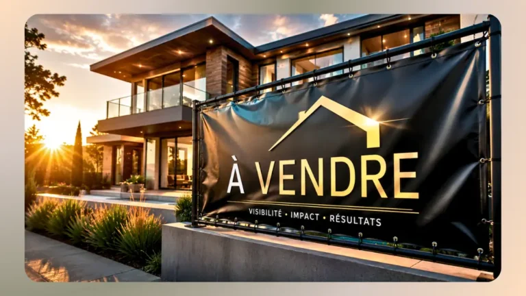 Banderole immobilière à vendre installée devant une maison pour améliorer la visibilité d’un bien immobilier