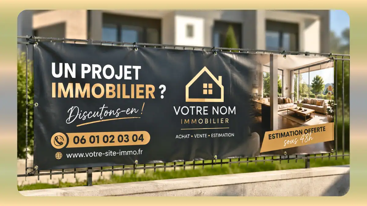 Banderole personnalisée pour mandataire immobilier installée sur une façade afin de développer sa visibilité locale