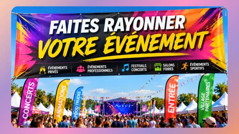 Banderole événementielle grand format utilisée lors d’un festival et d’une manifestation pour attirer l’attention et améliorer la visibilité d’un événement professionnel ou privé