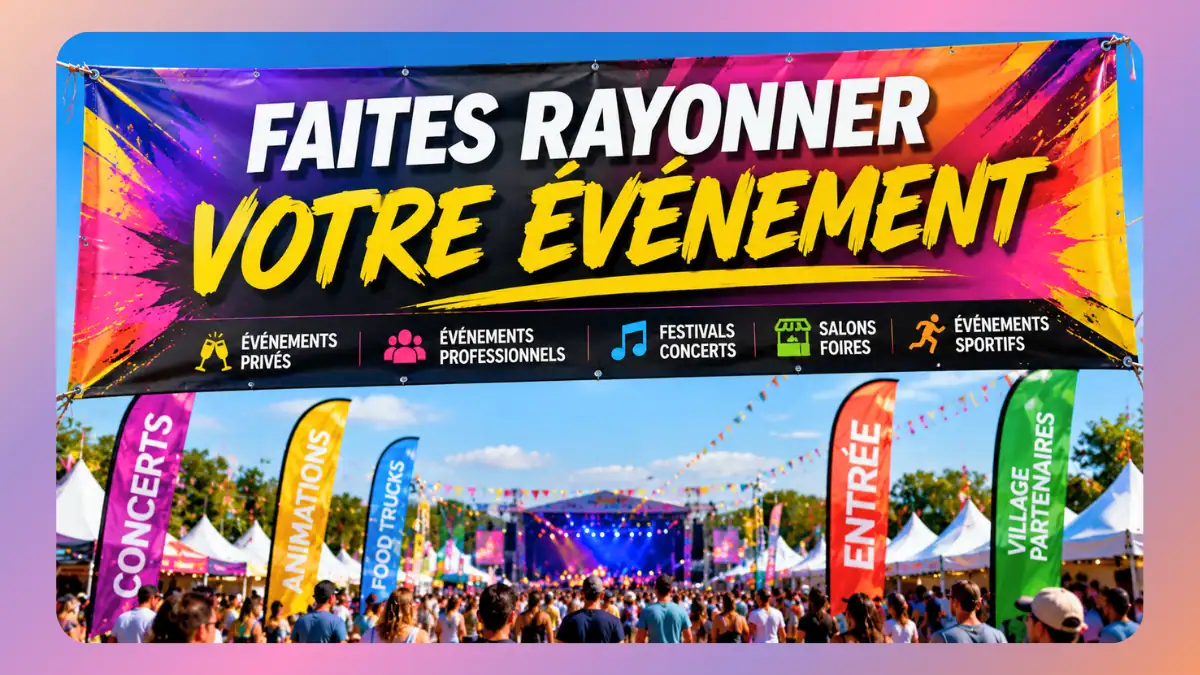 Banderole événementielle grand format utilisée lors d’un festival et d’une manifestation pour attirer l’attention et améliorer la visibilité d’un événement professionnel ou privé