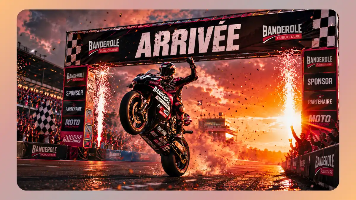 Banderole moto racing sur circuit avec moto en wheeling à l’arrivée