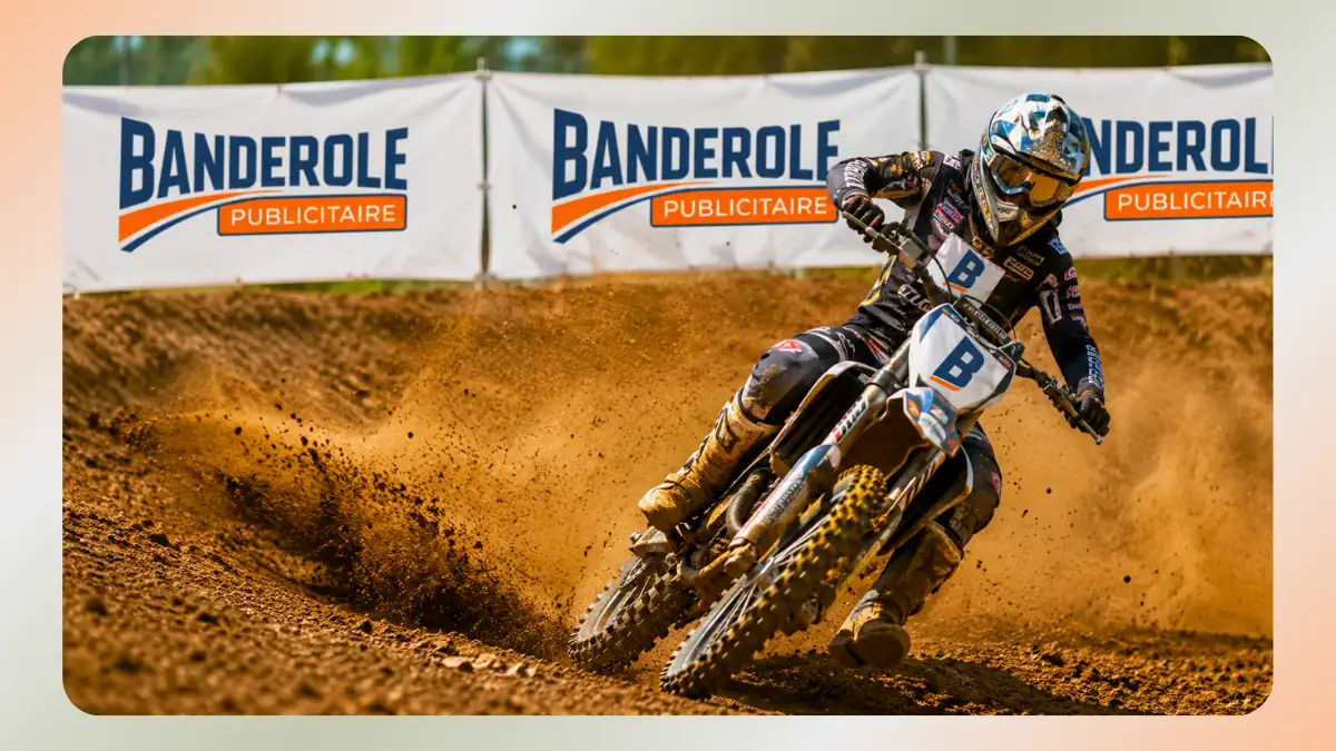 Banderole motocross personnalisée installée sur un terrain de cross lors d’une compétition supermotard et motocross