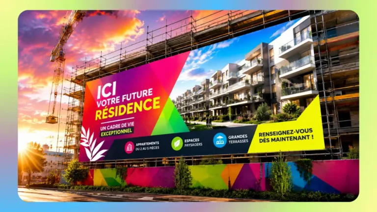 Banderole grand format pour programme immobilier neuf installée sur chantier immobilier