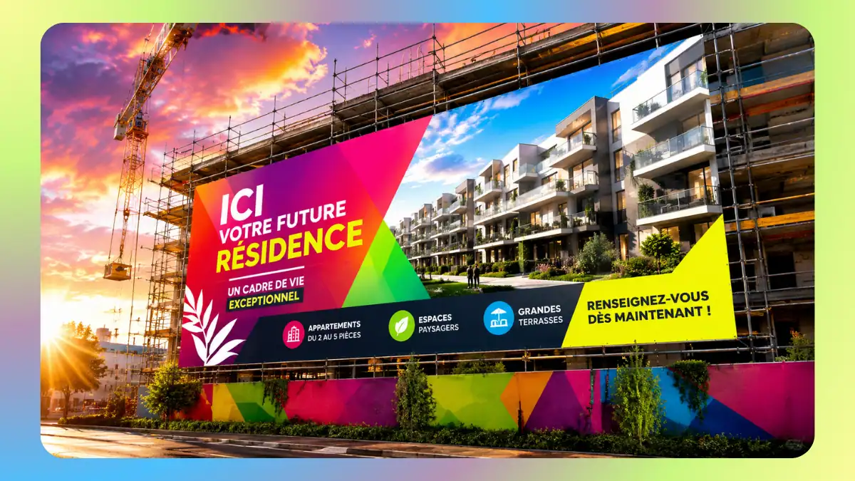 Banderole grand format pour programme immobilier neuf installée sur chantier immobilier
