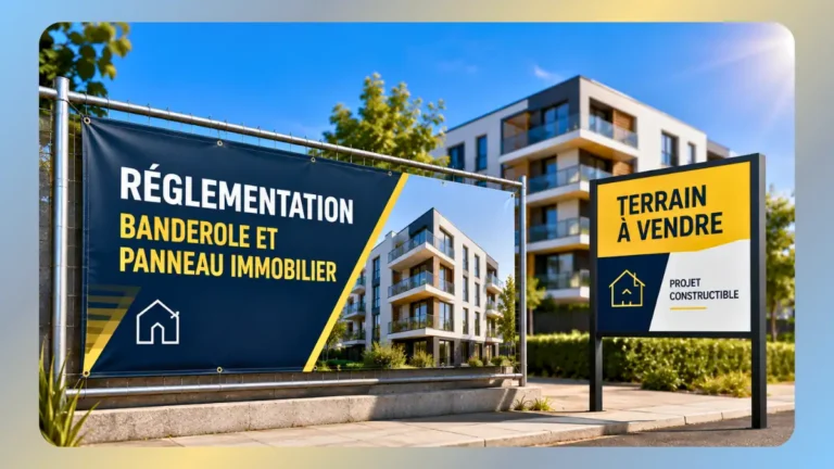 Banderole immobilière et panneau immobilier installés devant un programme neuf avec affichage conforme à la réglementation