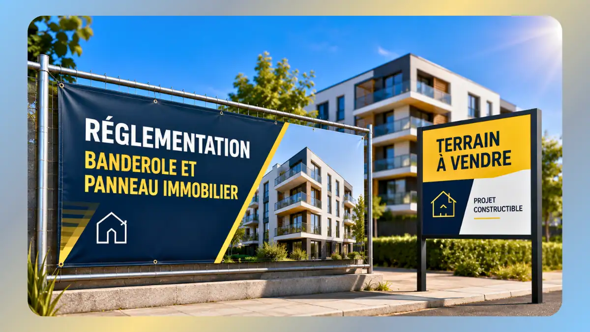 Banderole immobilière et panneau immobilier installés devant un programme neuf avec affichage conforme à la réglementation